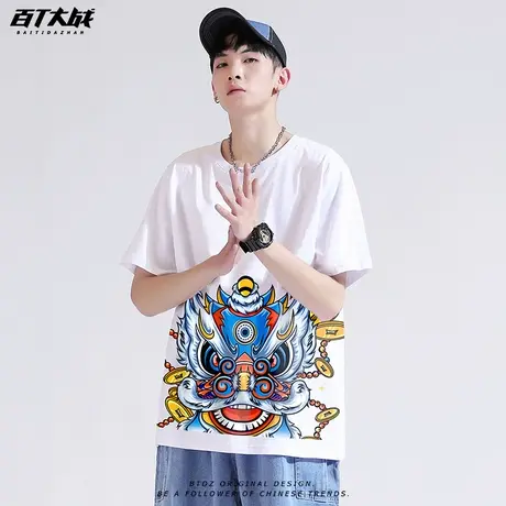 国潮t恤男2023新款醒狮设计感潮牌情侣白色纯棉短袖宽松男装上衣商品大图