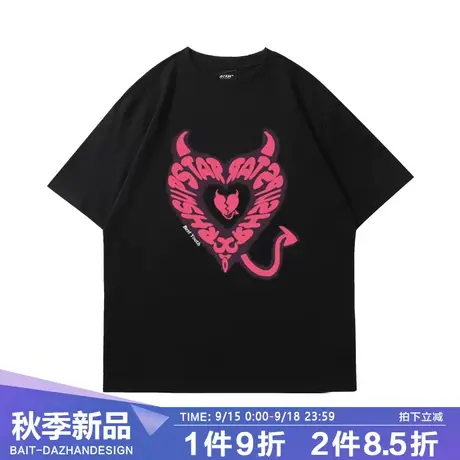 美式嘻哈设计感恶魔爱心印花重磅短袖男款ins高街宽松半袖黑色t恤商品大图