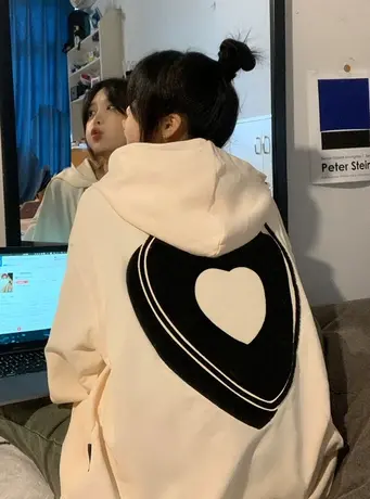 艺术生奶甜连帽卫衣女oversize春秋薄款美式复古宽松上衣落肩外套商品大图