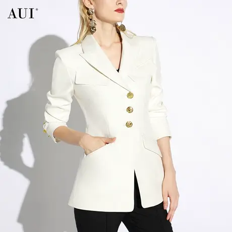 AUI杏色职业设计感修身西装外套女2024春秋新款小众垫肩收腰西服图片