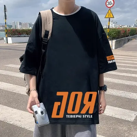 短袖t恤男夏季潮牌潮流美式纯棉宽松黑色半袖重磅高街风情侣上衣商品大图