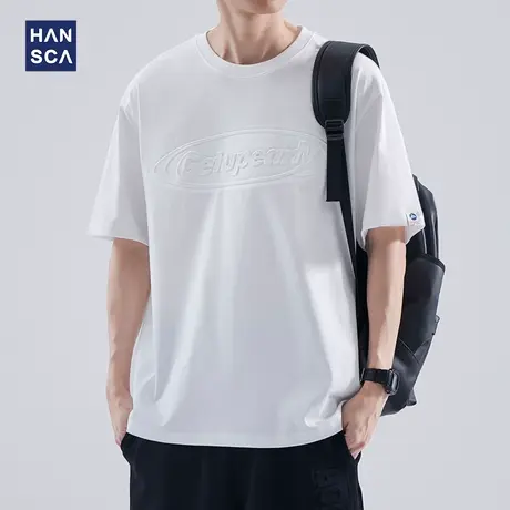 hansca 钢印短袖t恤男青少年夏季潮牌美式宽松圆领休闲白色打底衫商品大图