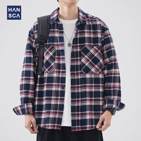 hansca格子翻领长袖衬衫男春季新款复古港风痞帅休闲百搭衬衣外套商品大图