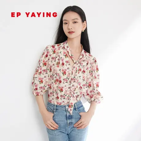 [真丝系列]EP雅莹女装 复古印花飘带七分袖衬衫2023秋季新款2301A图片