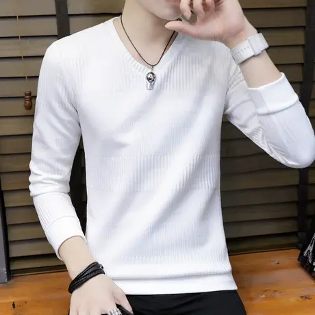 2023秋冬装男士长袖t恤V领针织衫线衣修身打底衫衣服潮流加绒白色商品大图