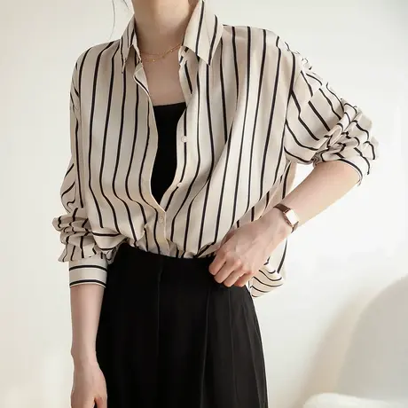 条纹复古秋季新款长袖衬衫女上衣宽松叠穿韩版衬衫外套高级感小众商品大图