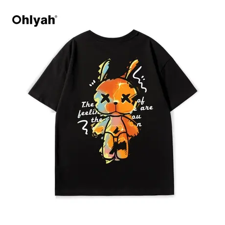 Ohlyah潮牌后背长耳兔子印花短袖女欧货大码男女情侣打底纯棉t恤图片