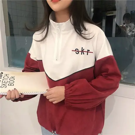 撞色拼接字母立领长袖上衣日系新款女装2021宽松时尚甜美风衣上衣商品大图
