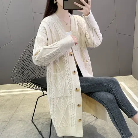 长袖针织衫毛衣女春秋2023新款慵懒风小众宽松中长款开衫上衣外套图片