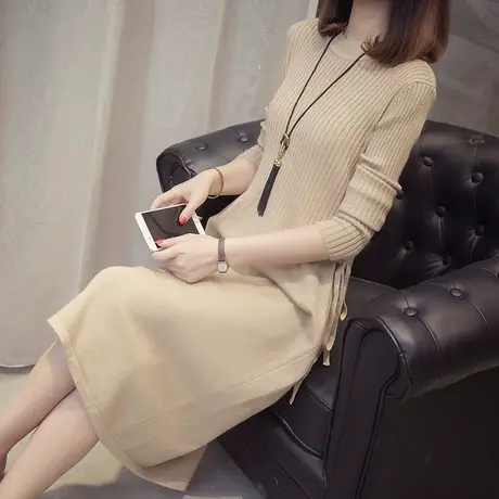 中长款毛衣女装长袖打底衫秋冬新款针织衫纯色百搭过膝毛衣裙图片
