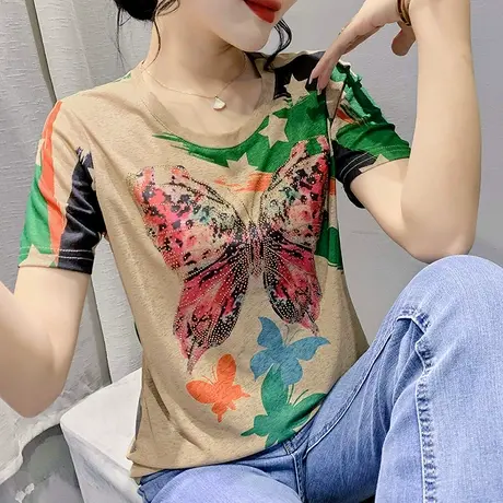 网红印花T恤女短袖欧货宽松显瘦上衣设计感烫钻半袖气质百搭体恤商品大图