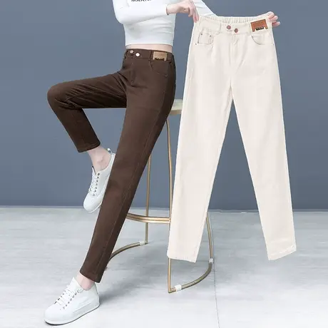 米白色牛仔裤女显瘦烟管直筒裤秋冬2023年新款高腰九分哈伦休闲裤商品大图