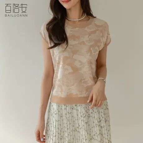 百洛安百搭薄款提花针织衫女夏季新款舒适透气圆领短袖T恤衫上衣图片