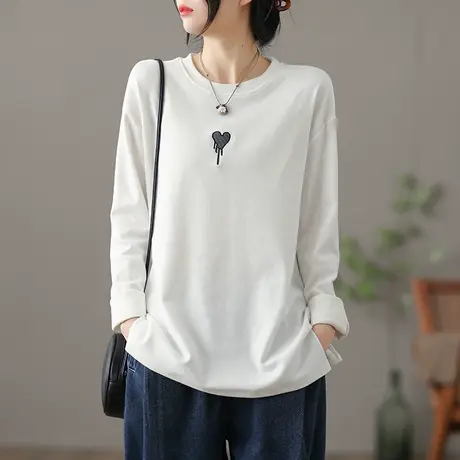 dza文艺复古纯棉上衣宽松长袖t恤女士春季新款漂亮打底衫薄款体恤商品大图