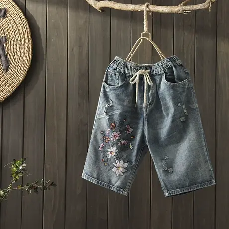 枫谜2019年夏装新款 文艺复古 刺绣水洗牛仔中裤女宽松破洞五分裤图片