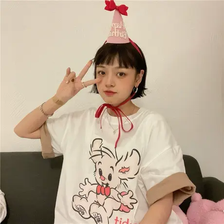 红续原宿风卡通短袖T恤女ins夏季假两件小众拼接设计半袖宽松上衣商品大图