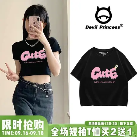 甜酷风vibe学生卡通字母短款t恤女黑色韩版小个子百搭ins短袖上衣商品大图