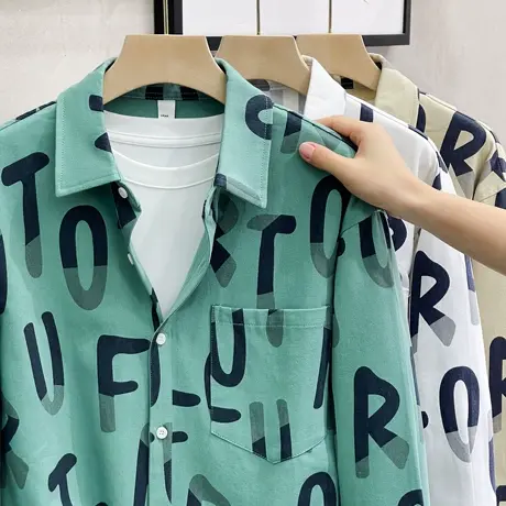 秋季纯棉印花男士长袖衬衫日系个性设计高级感痞帅衬衣男宽松外套商品大图