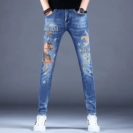 男士高端印花牛仔裤男潮牌修身小脚2023新款夏季弹力休闲裤子欧美商品大图