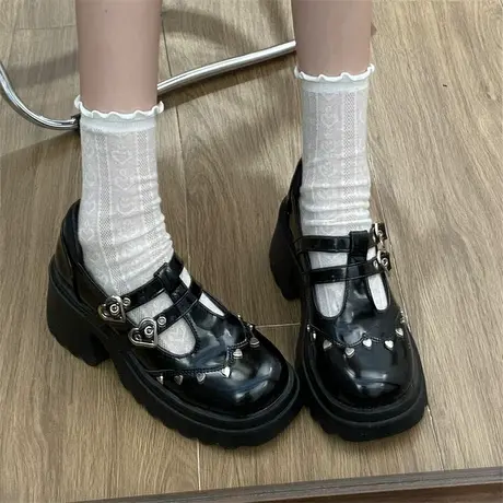 玛丽珍鞋女夏季2023新款粗跟高跟鞋配裙子复古学院风黑色JK小皮鞋商品大图