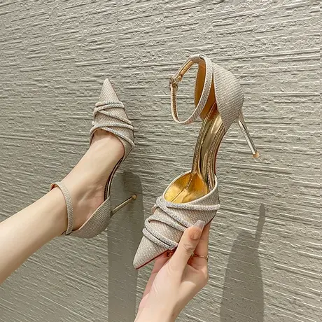 尖头水钻单鞋女2023年新款秋季高级感一字带细跟高跟鞋气质配礼服图片