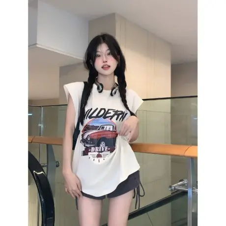 纯棉港风吊带运动坎肩背心无袖t恤女夏季设计感小众外穿宽松上衣图片