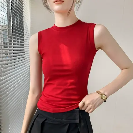 红色无袖打底衫女2025春夏瑜伽户外运动背心紧身T恤健身透气上衣商品大图