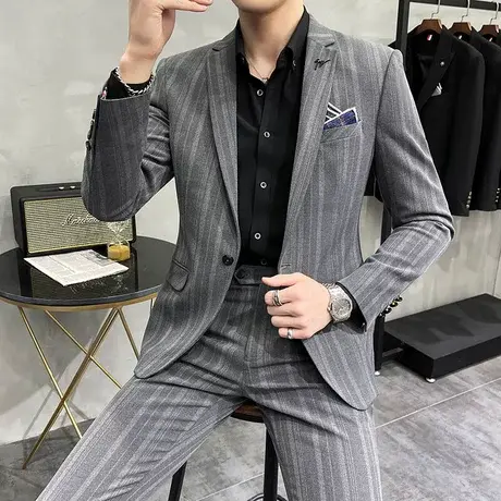 西装套装男修身西服条纹结婚新郎礼服商务休闲上班正装英伦高品质图片