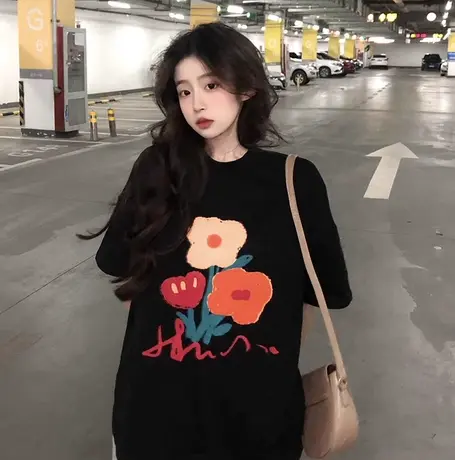 大码印花正肩短袖T恤女夏季胖MM宽松显瘦设计感慵懒上衣200斤300商品大图