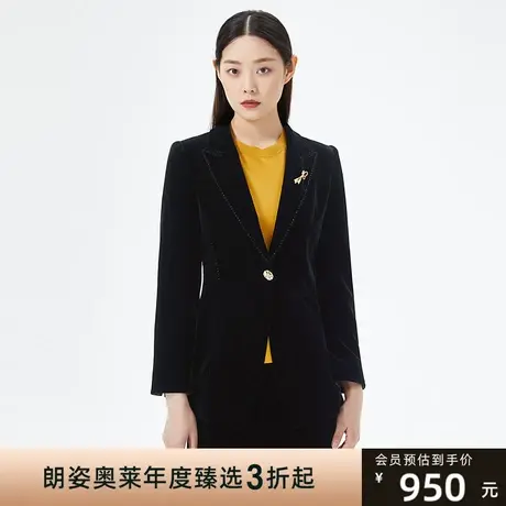 朗姿[故里繁花]西装外套秋日新款黑色丝绒通勤时尚修身夹克商品大图