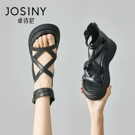 卓诗尼网红绑带凉鞋女款2024夏包跟厚底罗马鞋女夏季黑色露趾夏款图片