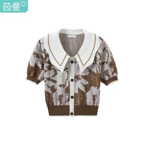茵曼气质针织开衫女装2023年冬季新款优雅娃娃领收腰显瘦短袖外套商品大图