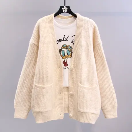 中长款慵懒风V领毛衣外套女秋冬2023年新款韩版宽松外穿针织开衫图片