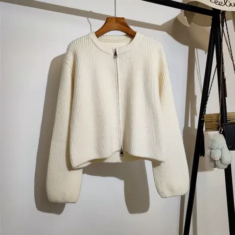 双拉链针织开衫女秋冬新款韩系宽松圆领纯色长袖上衣软糯毛衣外套商品大图