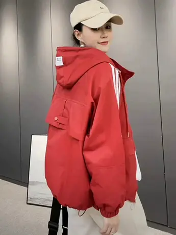 时尚宽松风衣外套女春秋季新款休闲大口袋连帽开衫工装夹克衫上衣商品大图