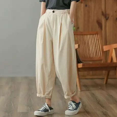 dza 高腰显瘦纯棉休闲裤女2023夏季宽松九分阔腿裤修身百搭直筒裤商品大图