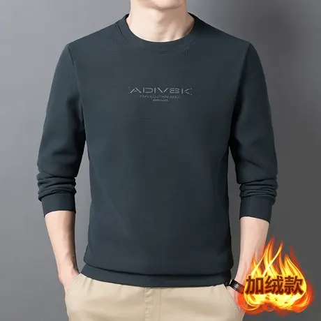 华夫格卫衣男春秋款纯色2022冬季潮宽松圆领加绒厚休闲男士长袖T商品大图