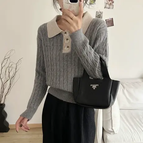 25263-浣熊绒长袖针织套头内搭衬衫领秋冬厚款女士上衣宽松百搭商品大图