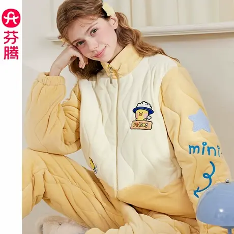 芬腾冬季新款女士睡衣珊瑚绒三层加厚夹棉家居服法兰绒布朗熊套装商品大图