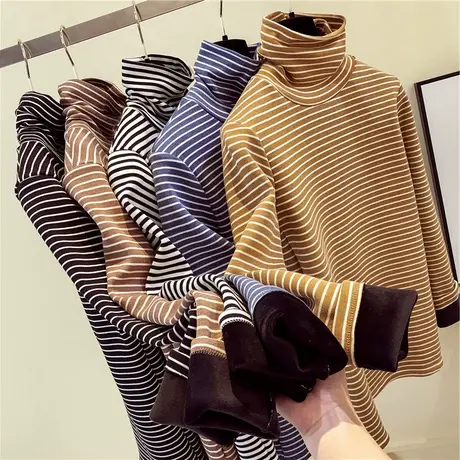 春秋冬季内搭加绒打底衫加厚保暖高领洋气黑色条纹德绒长袖t恤女商品大图