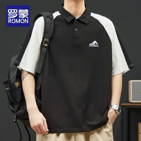 罗蒙男士翻领POLO衫短袖夏季薄款潮牌宽松拼接撞色半袖冰丝T恤男商品大图