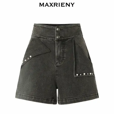 【奥莱】MAXRIENY精致复古翻遍钉珠牛仔短袖夏日修身热裤女图片