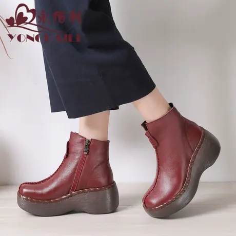 2025秋冬新款女圆头坡跟厚底真皮短靴原创牛皮拉链休闲鞋靴子皮鞋商品大图
