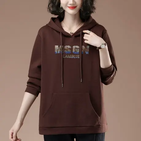 春秋连帽卫衣女新款加肥加大码女装宽松中年妈妈烫钻百搭薄款上衣商品大图