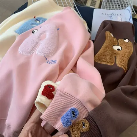 2023秋冬新款美式复古卫衣外套女加绒加厚刺绣怪兽圆领套头上衣女图片