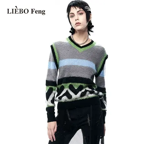 裂帛LIEBOFeng商场同款设计感简约通勤圆领撞色套头毛衣女图片