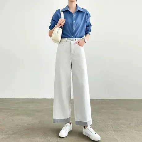 莫兰迪灰色撞色直筒牛仔裤女春秋高腰宽松显瘦小个子九分阔腿裤子商品大图