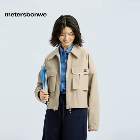 美特斯邦威工装夹克女2025秋季新款宽松翻领刺绣贴袋耐磨短款外套图片