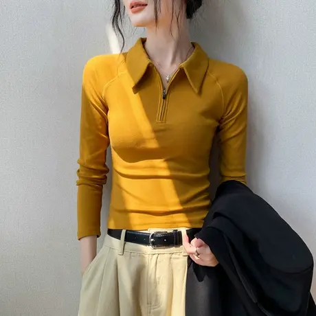 拉链Polo领长袖纯色T恤女2025秋季新款简约正肩修身显瘦外穿上衣商品大图
