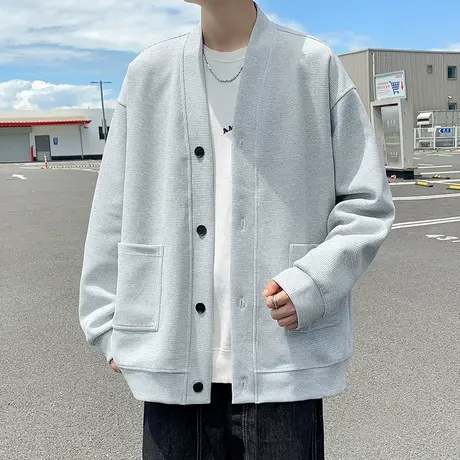 华夫格卫衣外套男春秋季新款宽松V领开衫外套潮牌纯色休闲夹克衫图片